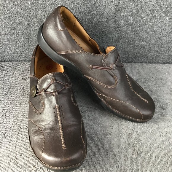 Clarks Unstructured Leather Brown Unloop Slip On Comfort Shoes Sz 9W - Picture 1 of 10